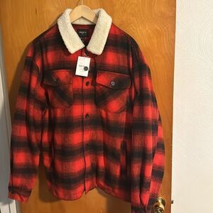 Red Plaid Fleece Jacket Mens Large Sherpa Collar